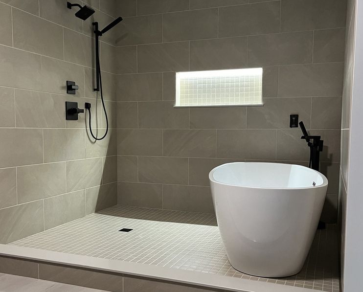 modern bath tub with tile shower combo