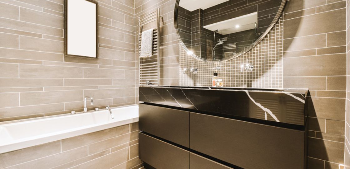 bathroom tile install and vanity